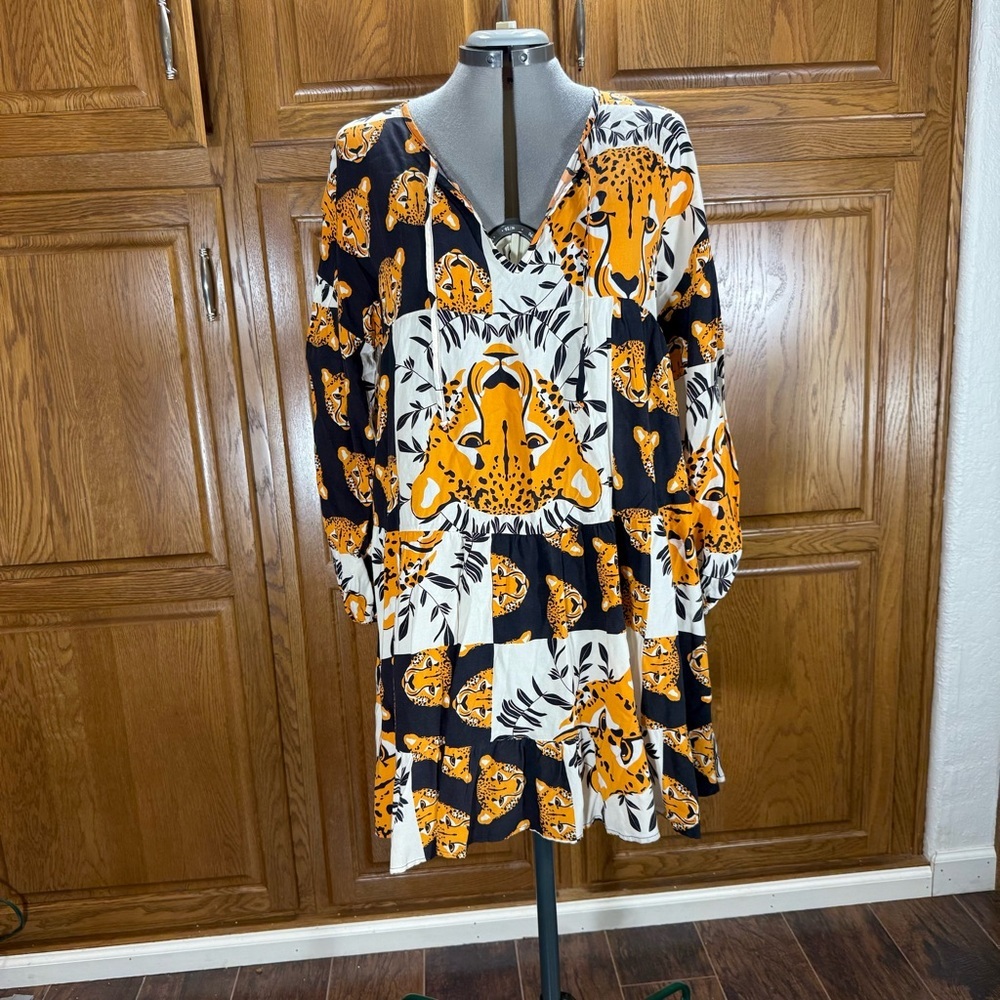 Cheetah Animal Print Dress Black Yellow‎ White Women’s Size Medium Boho